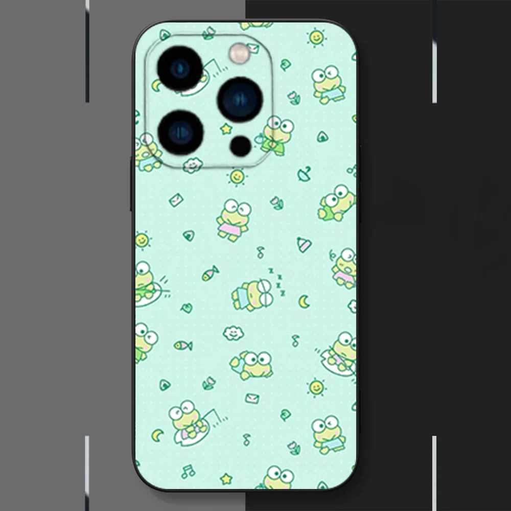 MINISO Cute KEROKEROKEROPPI Phone Case for iPhone 12 11 13 14 15 16 Max Pro Plus Black Soft Silicone Cover