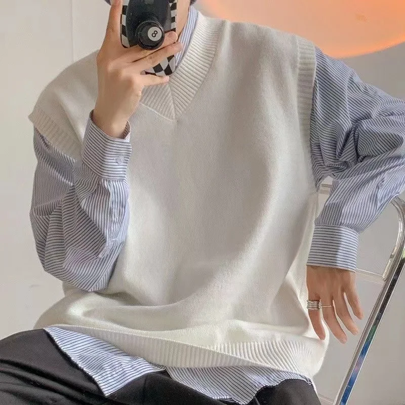 

2022 Men's V-neck Wool Sweater Vest Casual Loose Knitting Vest High-quality Pullover Sleeveless Coats 5 Color Clothes S-3XL