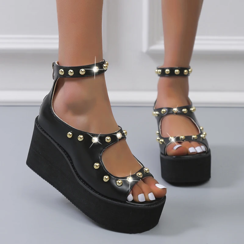 

Новинка 2022, женские сандалии, модные женские сандалии на танкетке, женская повседневная обувь на молнии, женские сандалии с заклепками