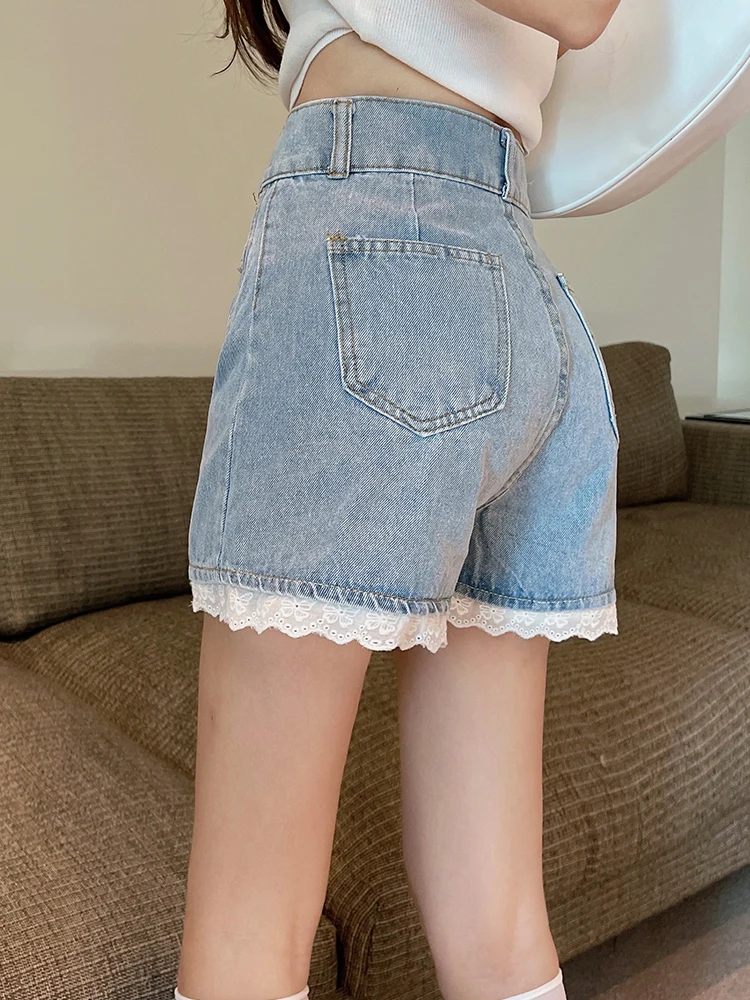 New Streetwear Women High Waist Lace Spliced Blue Denim Shorts Spring Summer Female Wide Leg Jeans Shorts Bottoms