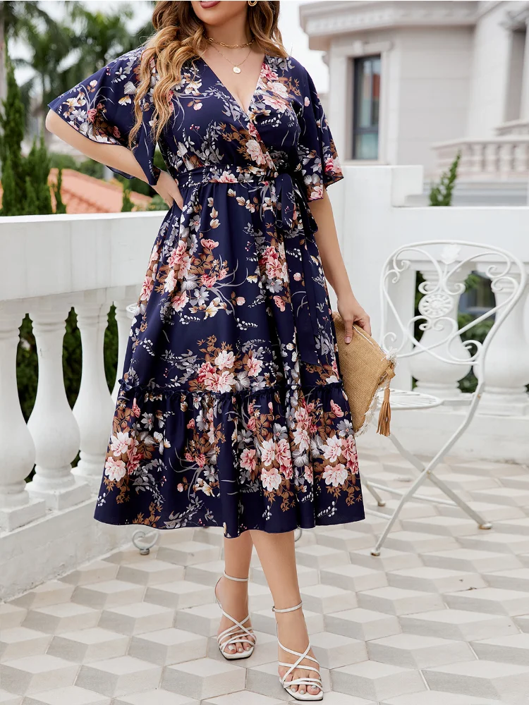 Summer V-neck navy blue print plus size dress plus size women clothing  party dresses  summer dress