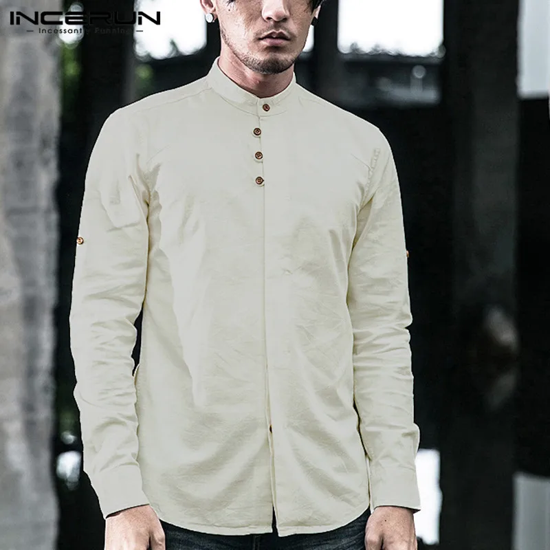 INCERUN New Literary Men Casual Cotton Shirts Retro Stand Collar Fashion 2023 Chinese Style Male Solid Color Loose Shirts S-5XL
