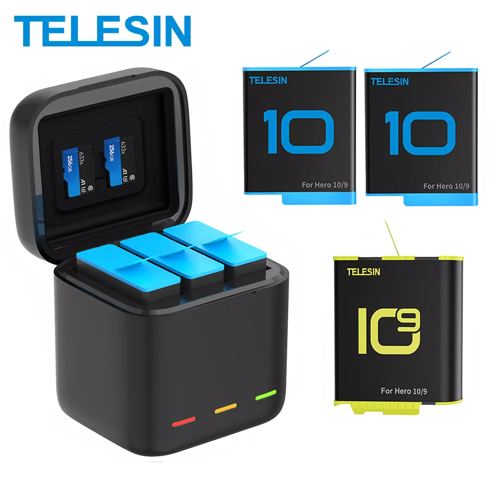 

2023NEW TELESIN Battery 1750 mAh For GoPro Hero 10 3 Way LED Light Battery Fast Charger Box TF Card Storage For GoPro Hero 9 Acc