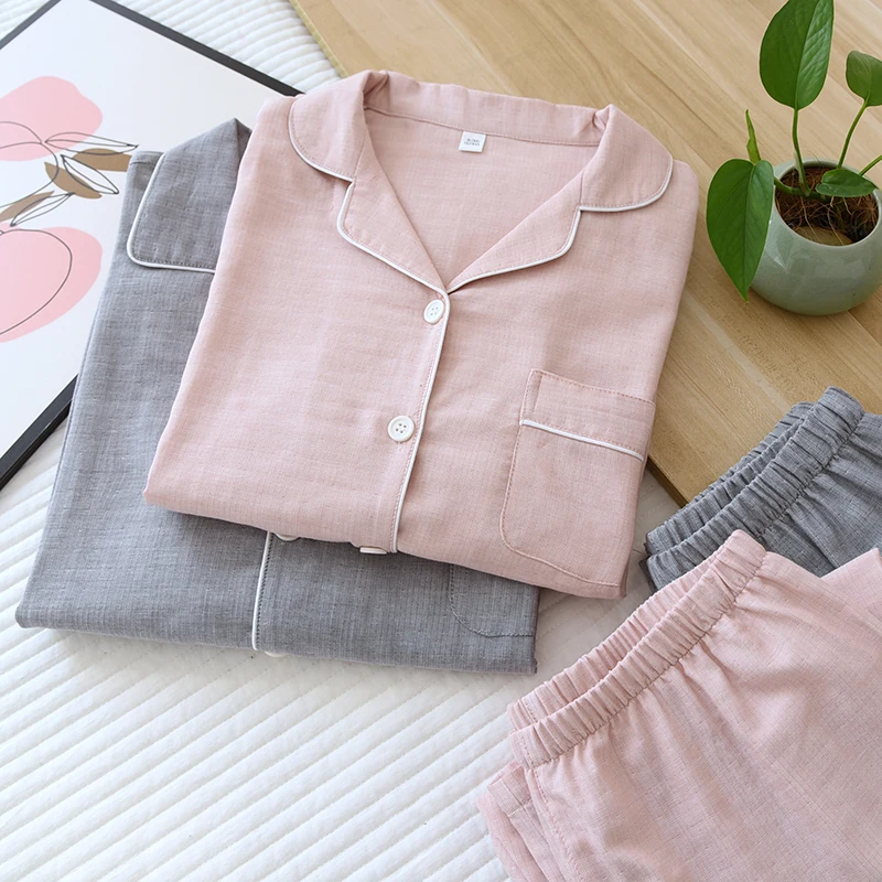 New Spring And Autumn Couple Pajamas Long-Sleeved Trousers Sleepwear 100% Cotton Gauze Two-Piece Home Service For Men And Women