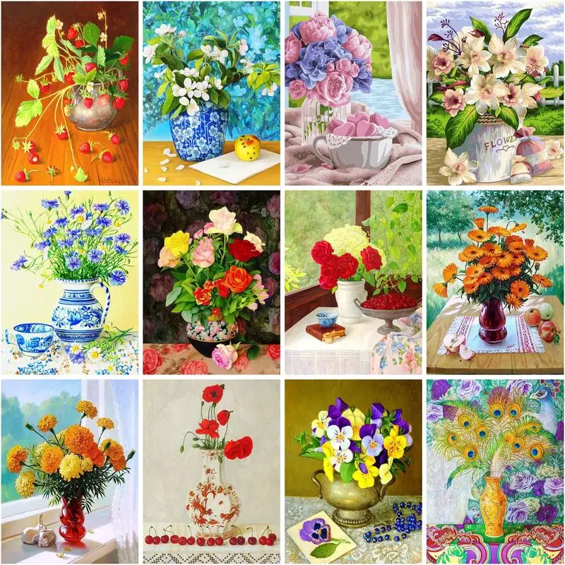 

Картина по номерам CHENISTORY, цветы в вазе, акриловая краска, рисование на холсте, картины «сделай сам», наборы по номерам для домашнего декора