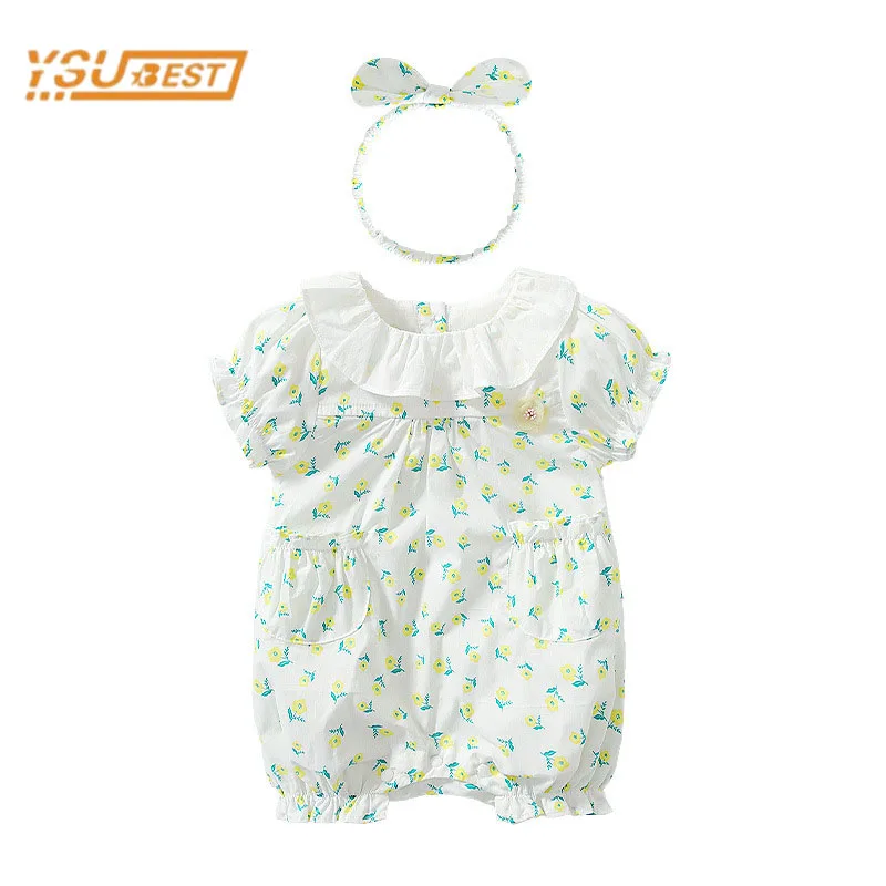 

Summer Infant Baby Girls Rompers Newborn Baby Kids Girls Short Sleeve Printing Clothes Rompers + Hair Band Baby Girl Rompers