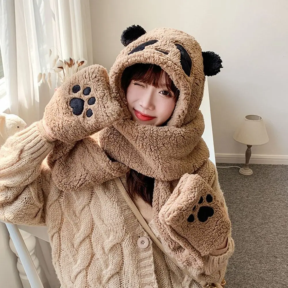 

Casual Winter Panda Warm Hat Scarf Gloves Set Beanies Caps Plush Women Caps