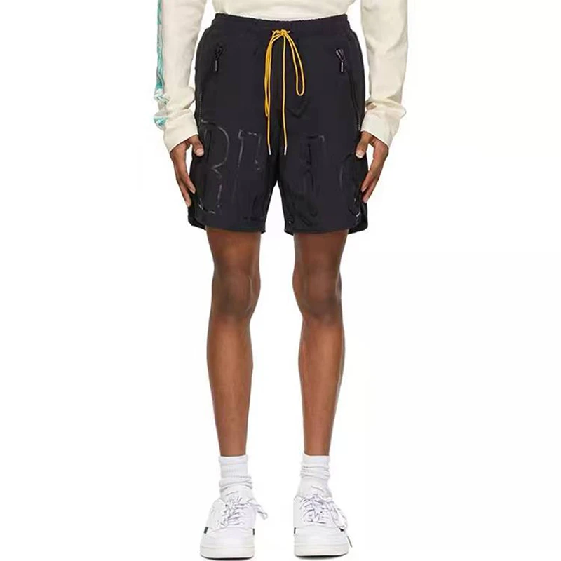 

Big Letter Logo Rhude Black Zip Pocket Beach Shorts High Street Men Women Breathable Mesh Quick Dry Black Shorts
