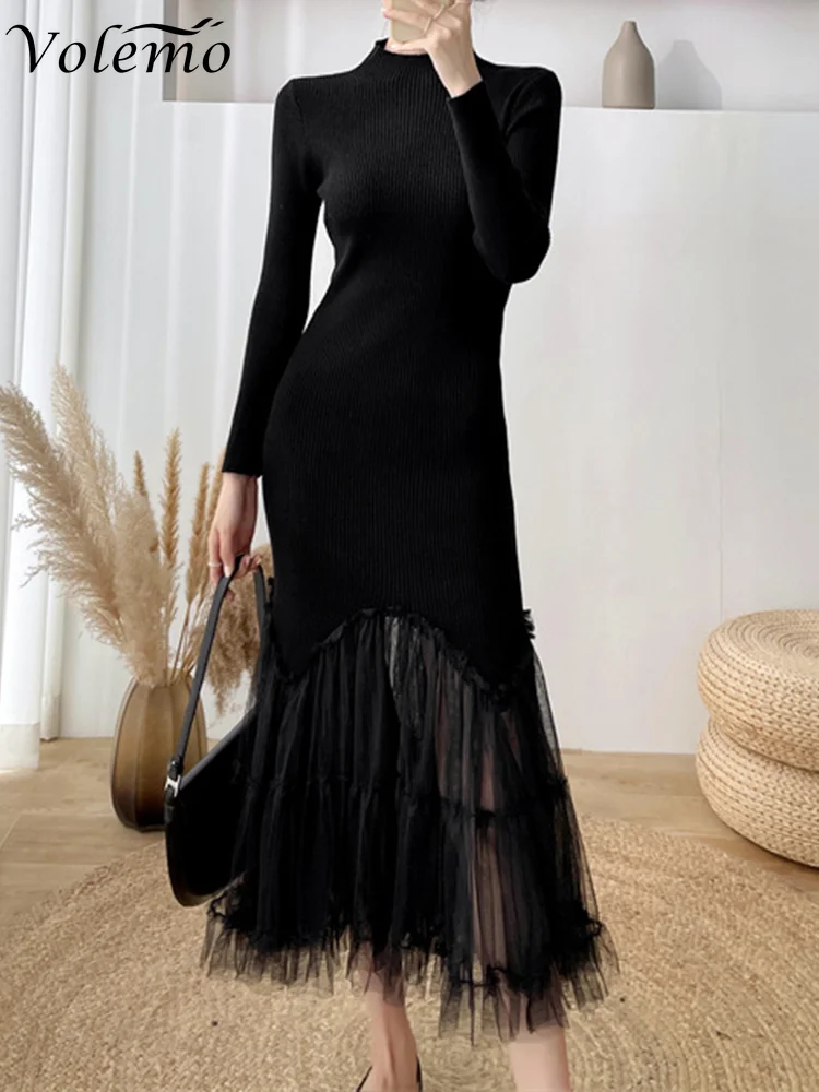 

Женское Сетчатое платье-Русалка Volemo, элегантное черное облегающее платье-футляр средней длины, простая офисная одежда для вечеринки, 2023