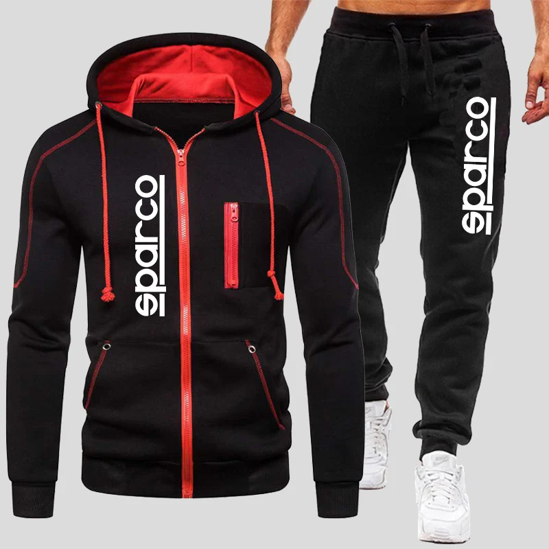 

Men Sparco Tracksuits Winter Zipper Hoodie and Jogging Trouser suits Windproof Motorcycle Clothing Solid Color Running Suits