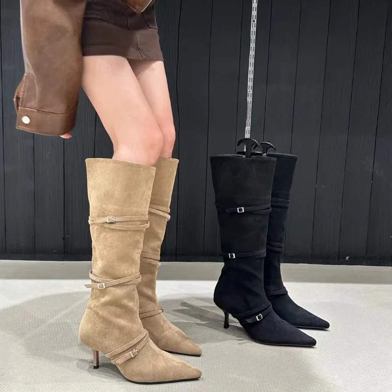 

New Women Shoes Ladies Long Boots Heels Pointed Toe Shoes Fashion Buckle Slip-On Female Knee High Western Boots Designer Shoes