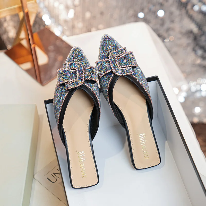 Summer New Half Slippers Fashion Flat Flip Flops Bottom Mules Shoes Sparkling Sandals Small Size Women's Slippers 33-43