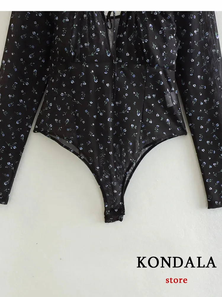 Пикантные шифоновые боди KONDALA с цветочным принтом черные прозрачные облегающие