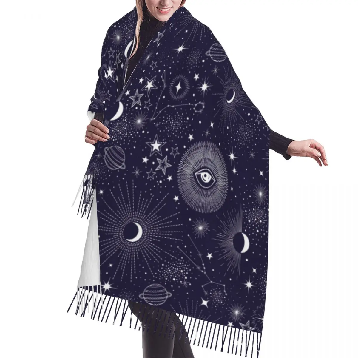 

Autumn Winter Warm Scarves Stars Sun Moon Constellation Planet Eyes Fashion Shawl Tassel Scarves Wrap Neck Headband Hijabs Stole