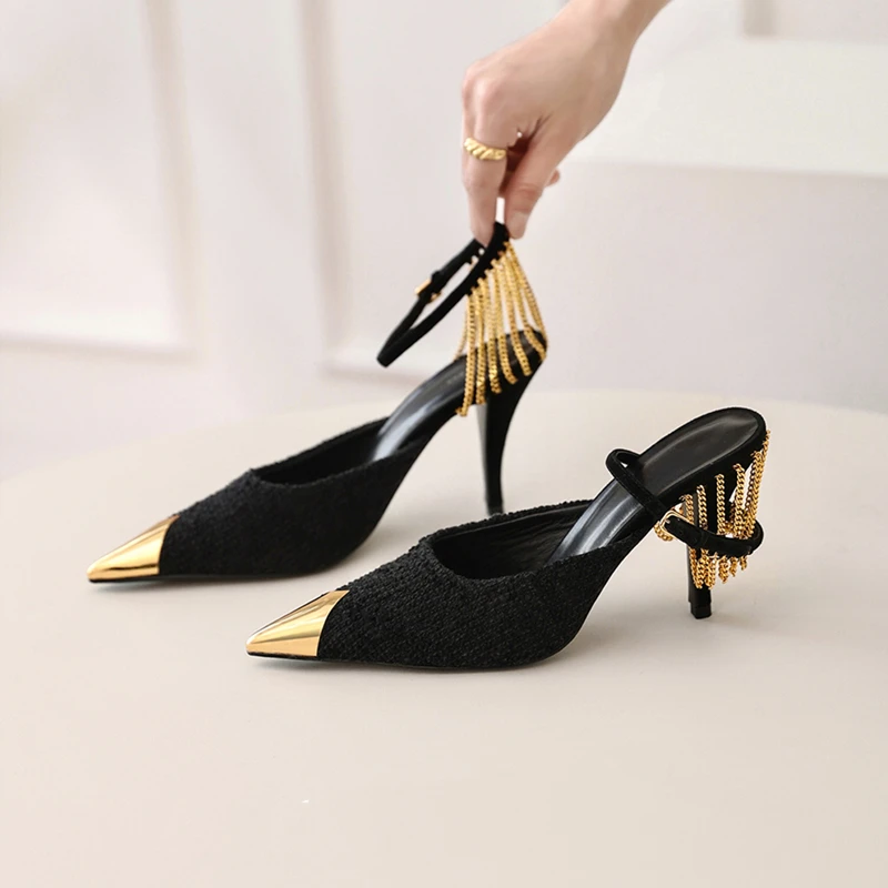 

2023 summer new chain high-heeled shoes sandals shallow-mouthed Baotou women's shoes thin heeled pointed metal head single shoes