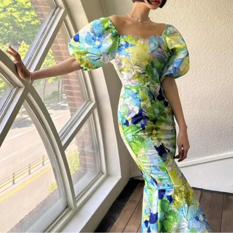

Korean Chic Summer Mermaid Dress Retro Oil Painting Printed Bubble Sleeved Sheath Party Dresses Elegant Ladies Long Vestidos