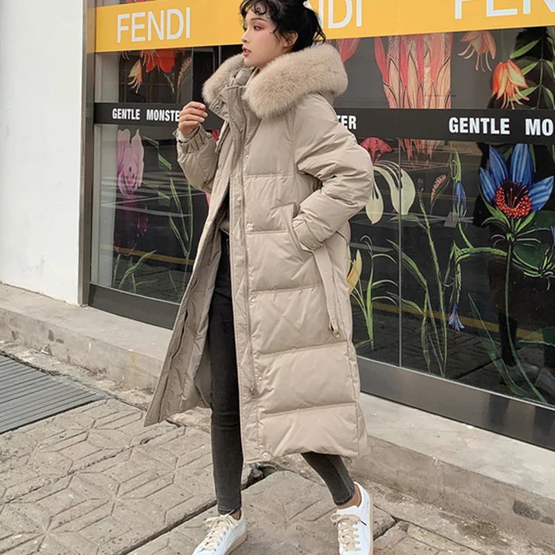 Quality Women Long Down Jacket New Winter Warm White Duck Down Outerwear Abrigo Mujer Casual Hooded Fur collar Parka Overcoat
