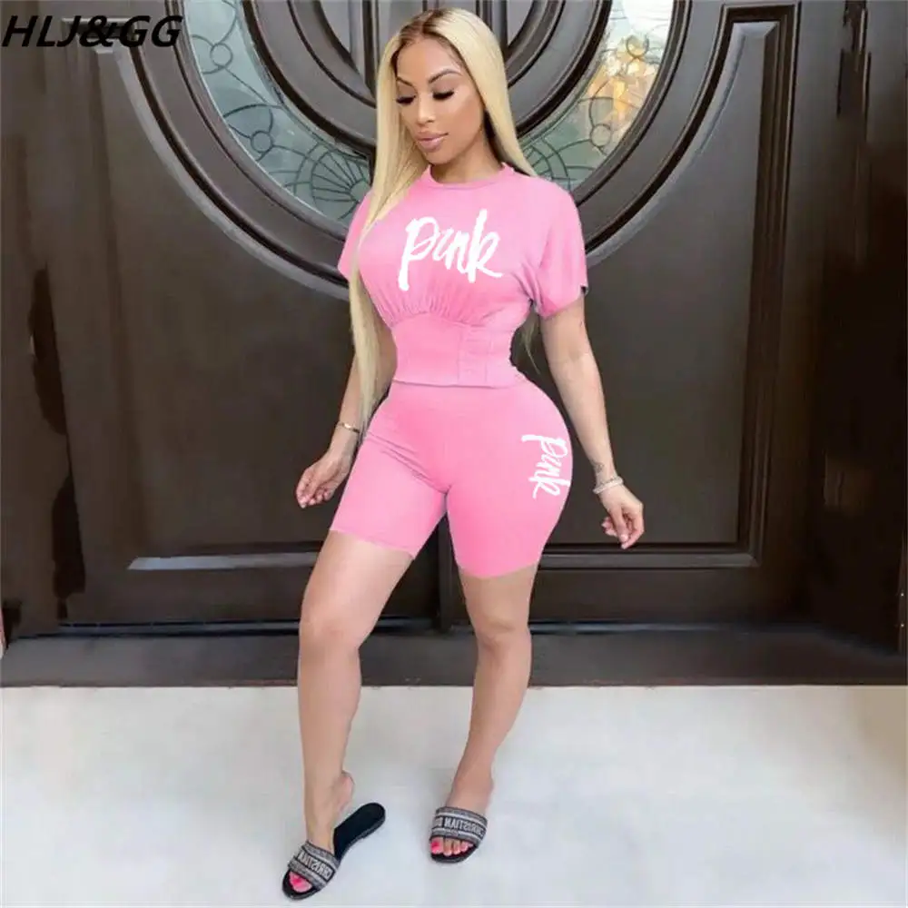 

HLJ&GG Women Neon Sporty Two Piece Set PINK Letter Print Crop Corset Tops + Biker Shorts Tracksuit Female Casual Streetwear 2022
