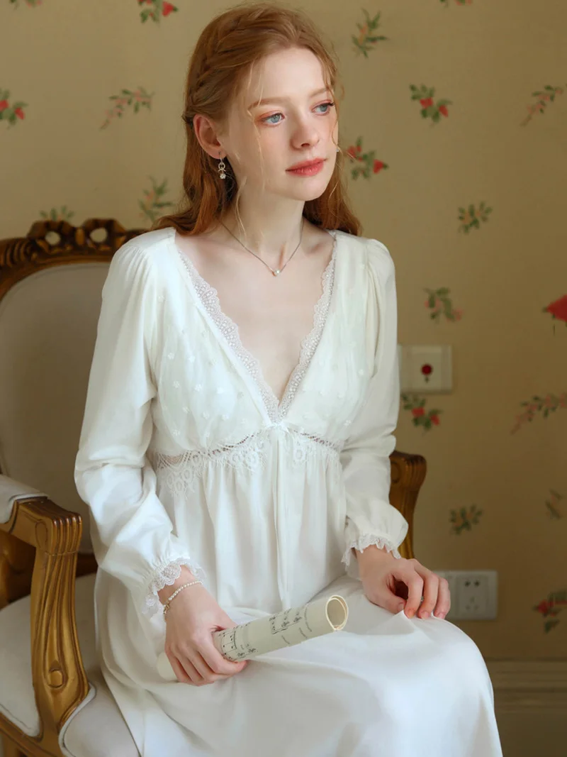 Women Spring Vintage Nightdress Sleepwear Long Sleeve Cotton Victorian Sexy Nightgowns V-Neck Ruffles Lace Princess Pajamas