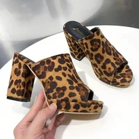 elegant women slippers fashion leopard print platform shoes summer new heeled slip on mules women high block heels mules shoes