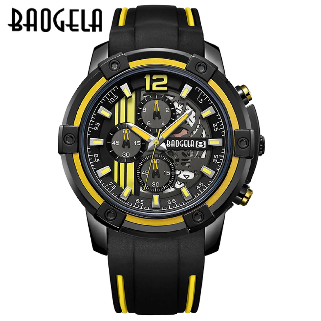 

BAOGEL Men's Black Silicone Strap Quartz Watches Chronograph Sports Wristwatch for Man 3atm Waterproof Luminous Hands Yellow