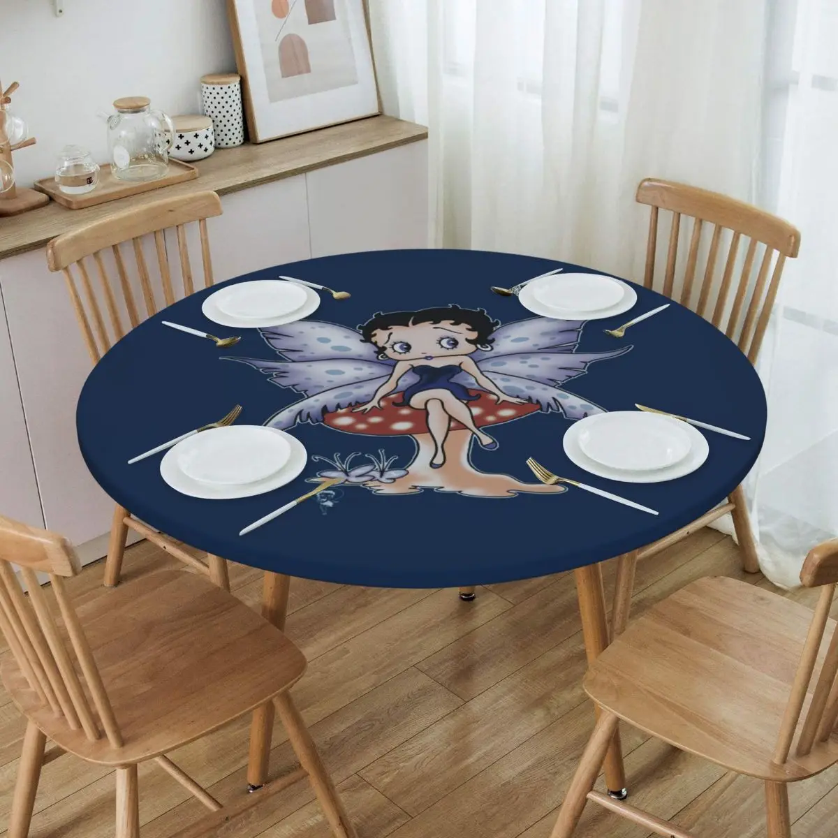 

Round Fitted Boop Bettys Mushroom Fairy Table Cloth Oilproof Tablecloth 40"-44" Table Cover Backed with Elastic Edge
