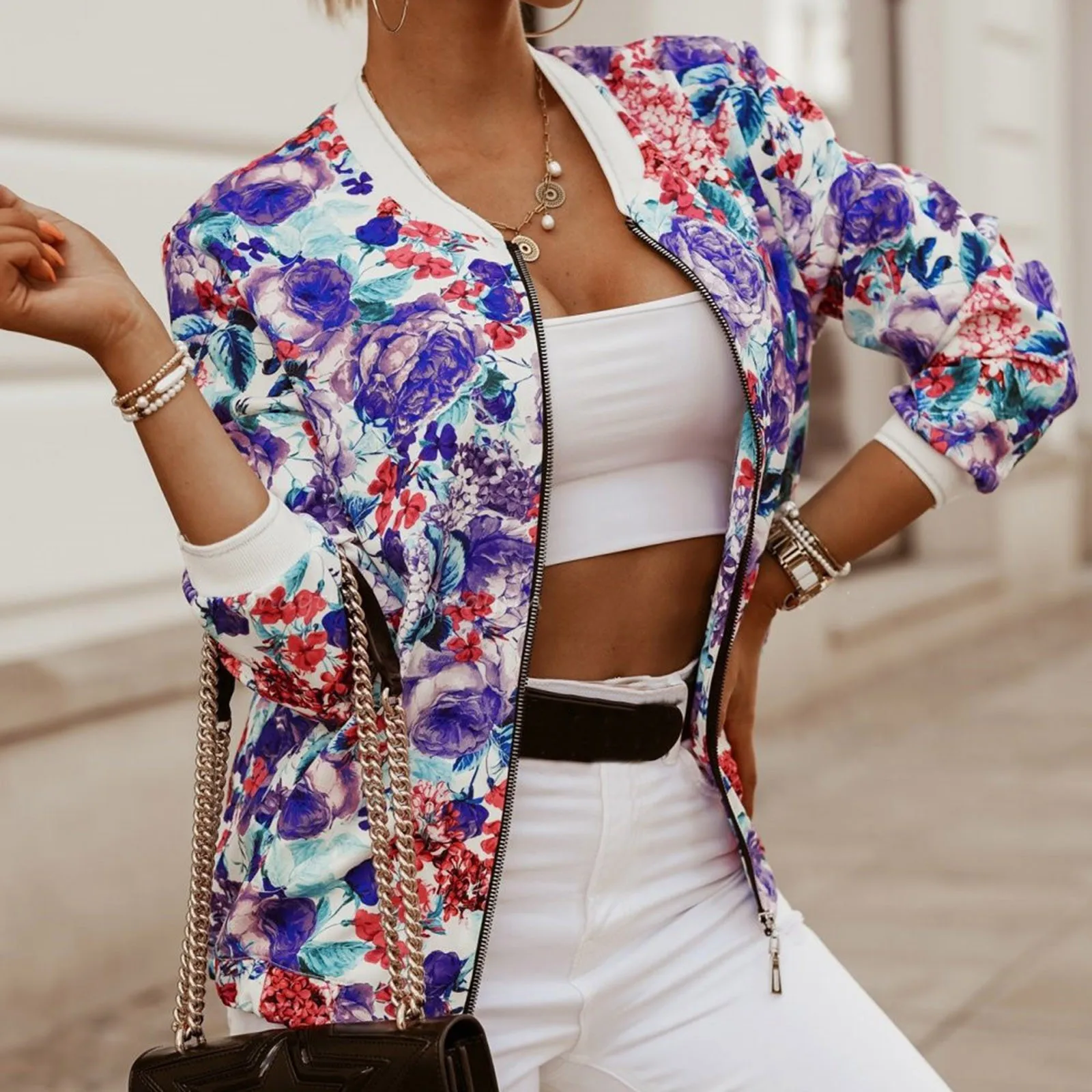 

Women Floral Print Full Zip Stand Collar Outwear Casual Loose Jacket Coat