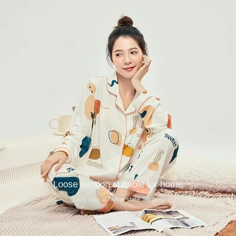 Spring / Summer New Cotton Long-sleeved Trousers Ladies Pajamas Suit 2XL Plus Size Long Sleepwear Women's home Nightwear