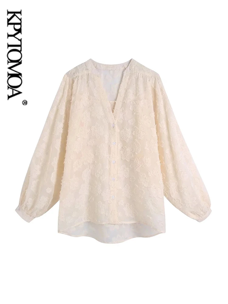 

KPYTOMOA женские модные контрастные текстурированные полупрозрачные свободные блузки винтажные женские рубашки с длинным рукавом на пуговица...