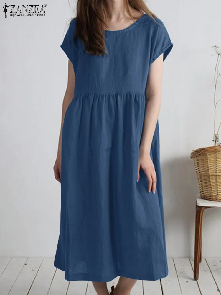 

ZANZEA Vintage Summer Short Sleeve Solid Cotton Dress Fashion Women O Neck Party Vestido Casual Loose Midi Sundress Robe Femme