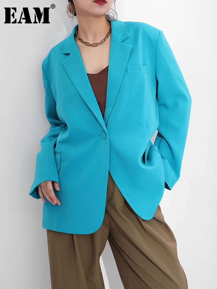 

[EAM] Women Blue Brief Big Size Casual Blazer New Lapel Long Sleeve Loose Fit Jacket Fashion Spring Autumn 2022 1DE013505