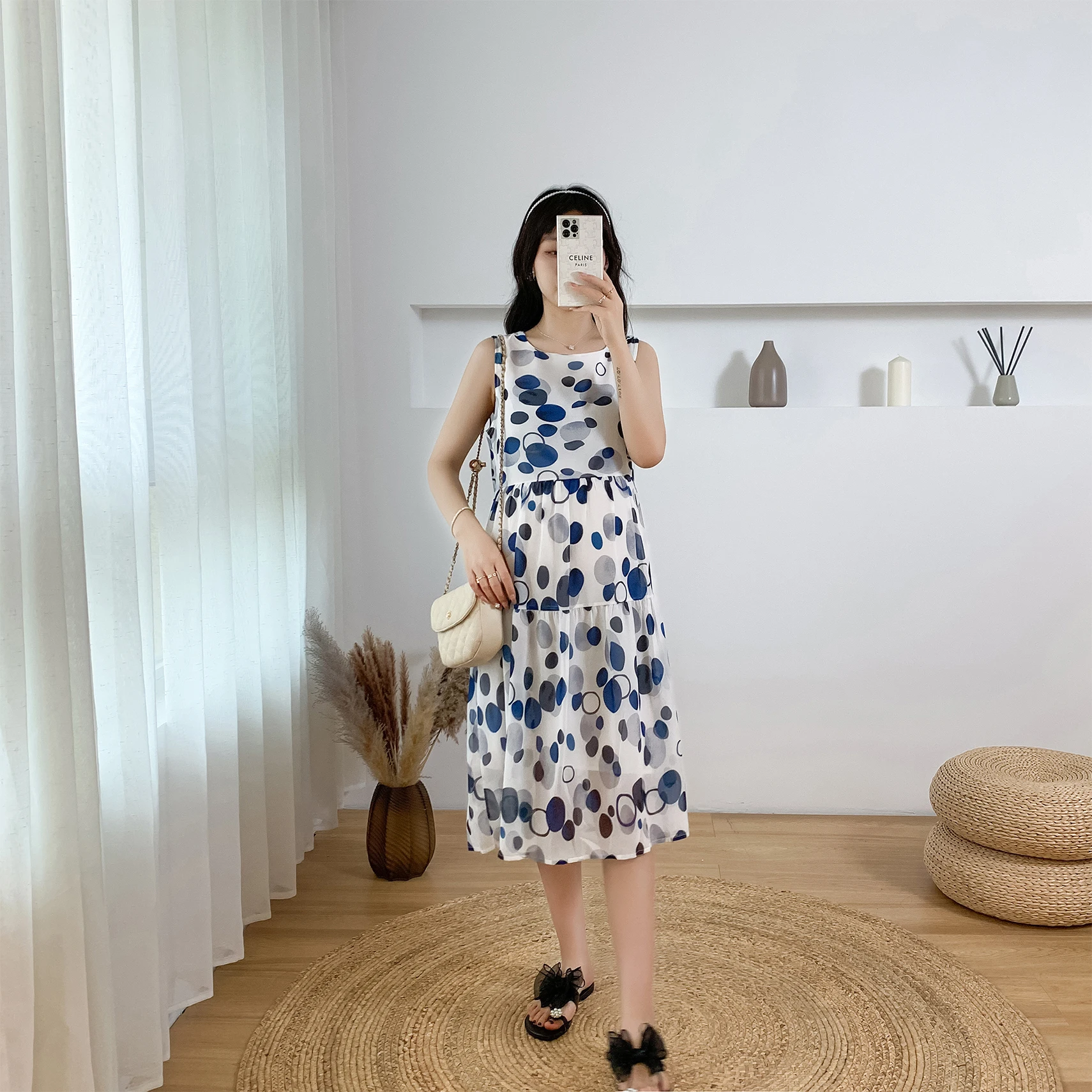 

9072# 2022 Summer Korean Fashion Dot Printed Chiffon Maternity Long Dress Vest Tank Sleevelss A Line Clothes for Pregnant Women