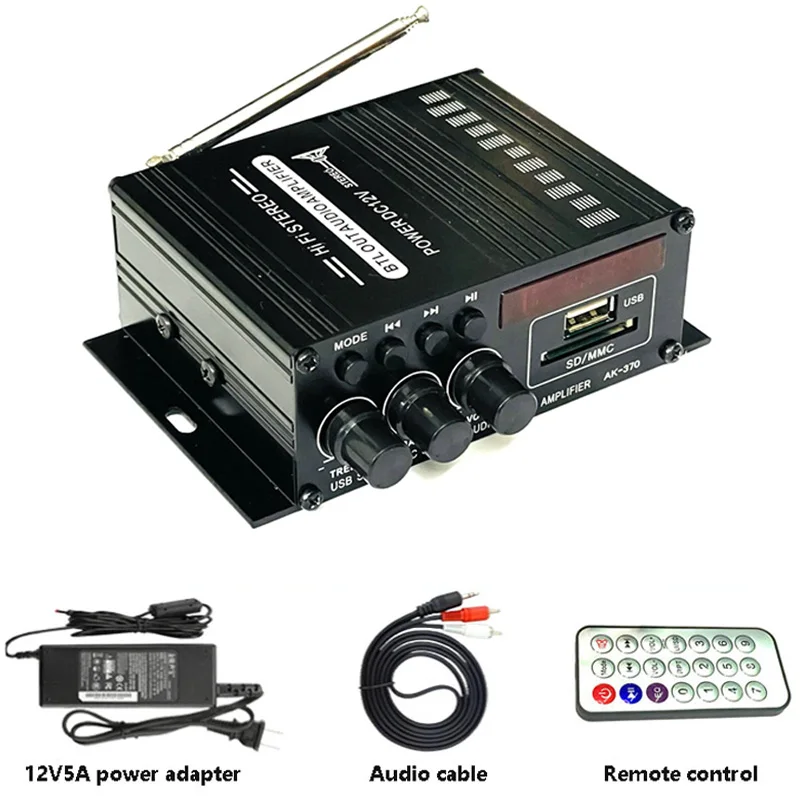 

HY-502S KENTIGER с адаптером питания 12 В, 5 А, 40 Вт, мини-усилитель Bluetooth + AV-кабель + пульт дистанционного управления, USB/SD-картой, FM-радио