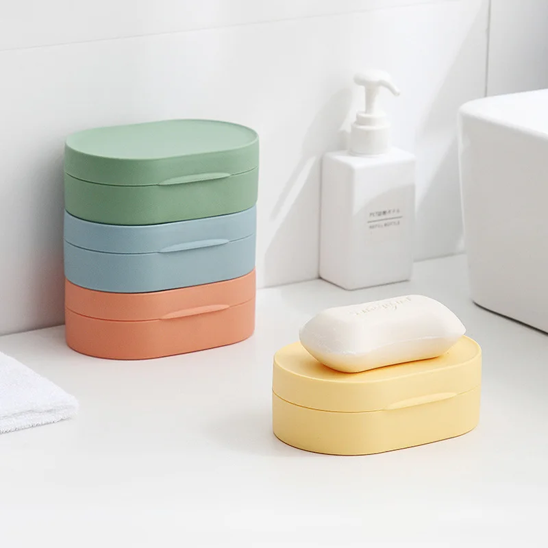 

1pc Soap Box Portable Oval With Cover Soap Holder Waterproof Soap Storage Cases Soap Dish Tray Travel Supplies Bathroom Gadgets