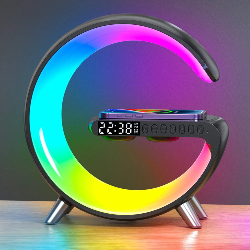 RGB Night Light Desk Lamp Multifunctional Wireless Charger Satation Alarm Clock Speaker APP Control for Iphone Samsung