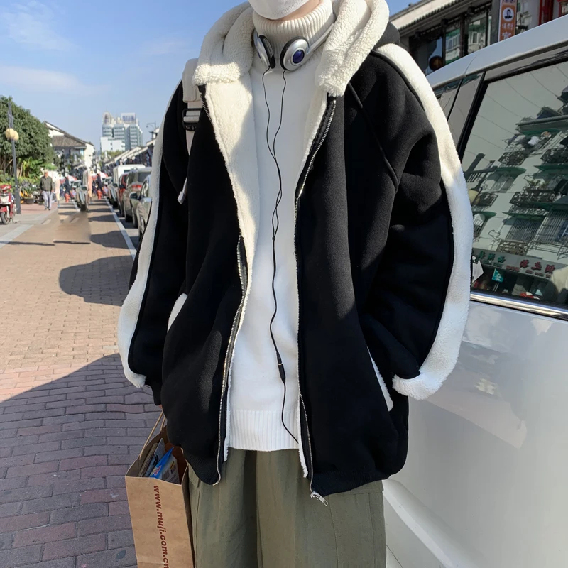 

Autumn Winter Men's Loose Lambswool Fleece Warm Parka Coat Hooded Patchwork Plus Size 5XL Outwear Black Gray