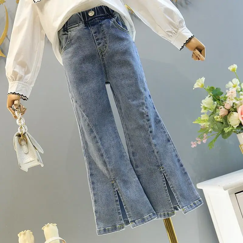 

2021 New Autumn Fashion Toddler Kids Girls Boot Cut Jeans Flare Long Pants Denim Ruffle Flare Pants Cowboy Trousers Slacks J127