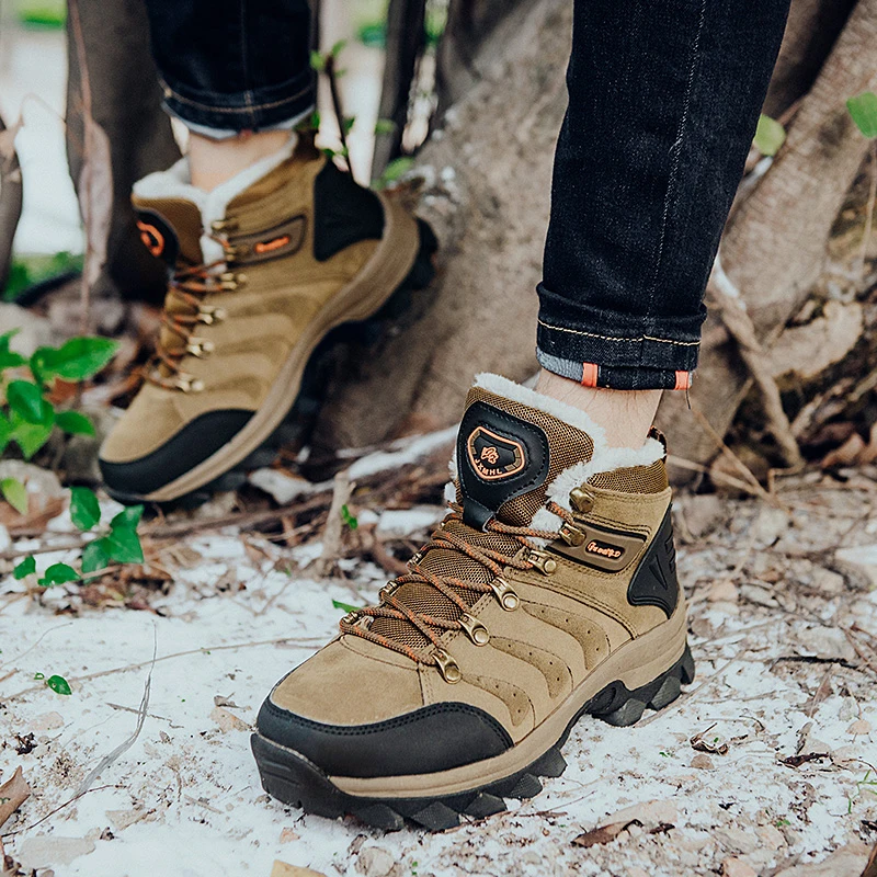 New Warm Fur Leather Hiking Boots Mens Womens Winter Outdoor Non Slip Hunting Boot Snow Boots Male Trekking