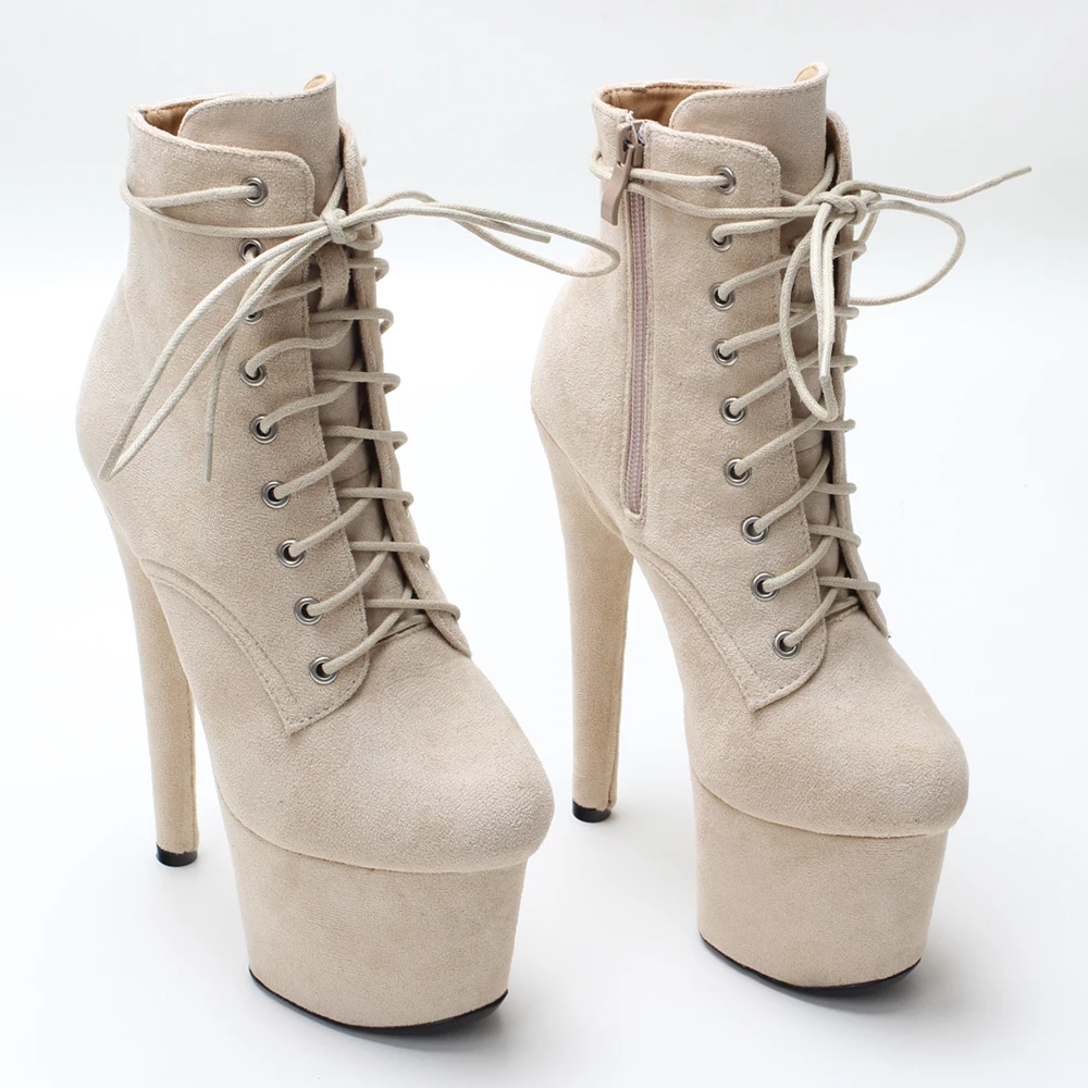 17CM High Heel(7Inch) Faux Suede Platform Lace-Up Front Pole Dancing Peep Toe Ankle Boots  Size36-43