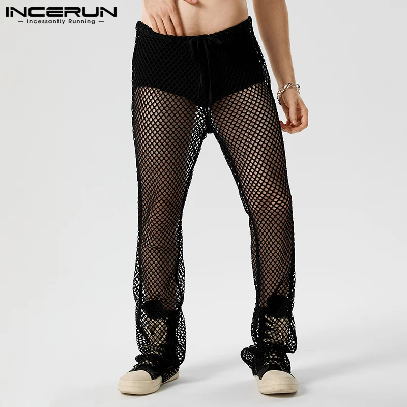 

INCERUN 2023 American Style New Mens Stylish Sexy See-through Mesh Long Pants Casual Streetwear Breathable Hollow Trousers S-5XL