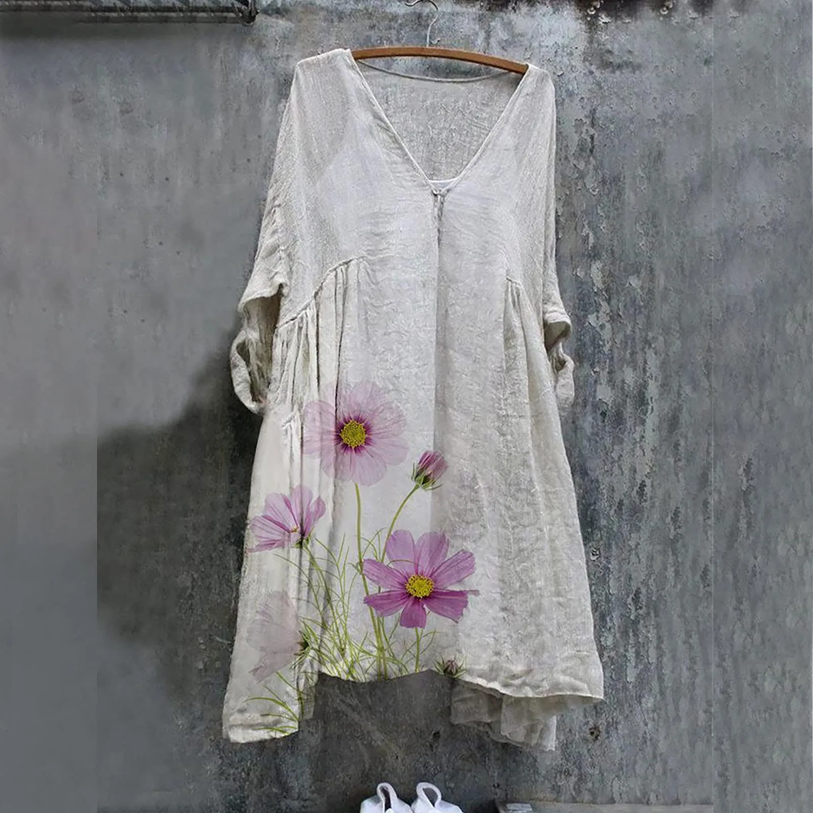 

Mini Dresses for Women Ladies Casual Retro Three Quarter Sleeves Cotton Linen Print Mid Length Flowy Red Swing Dress for Women