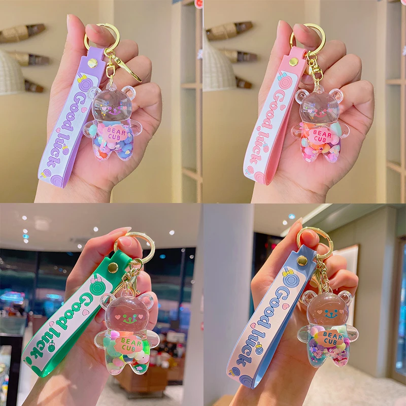

Cute Bear Floating Quicksand Keychain Floating Colorful Balloons Keyring Women Girl Bag Pendant Charms Gifts Car Key Accessories