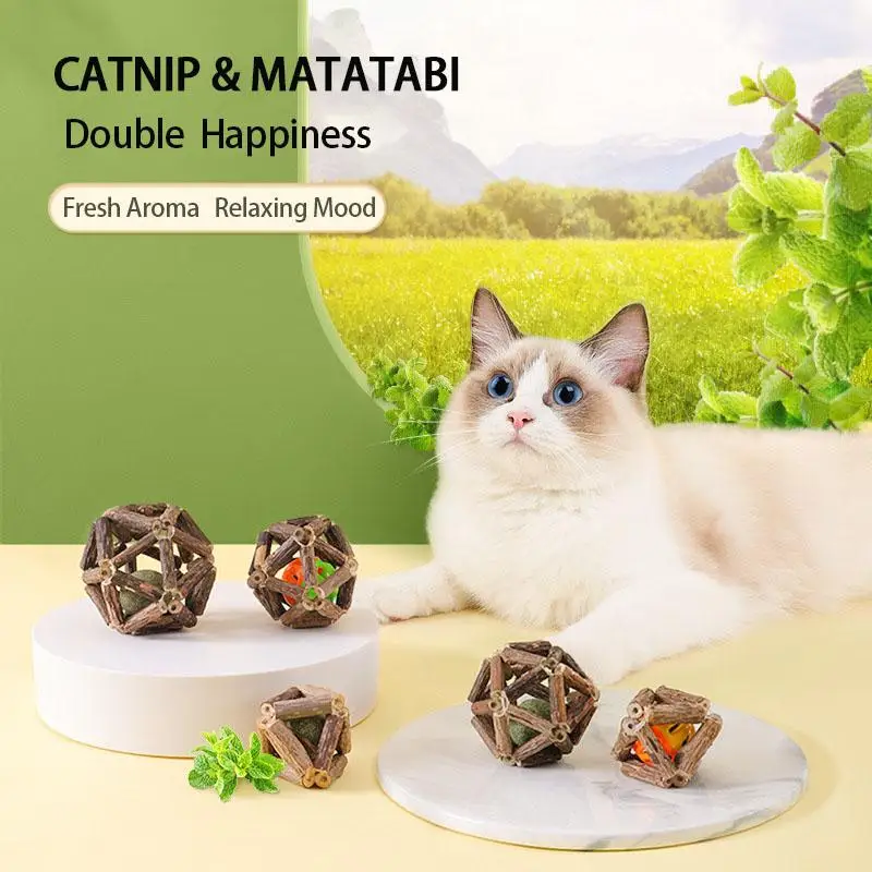 

Natural Matatabi Ball Cat Toys Interactive Toy for Kitten Polygonum Cleaning Cats Teeth Healthy Catnip Wooden Balls Pet Supplies