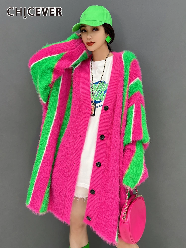 

CHICEVER Hit Color Sweater For Women V Neck Long Sleeve Patchwork Singel Breasted Casual Loose Vintage Knitting Sweaters Female