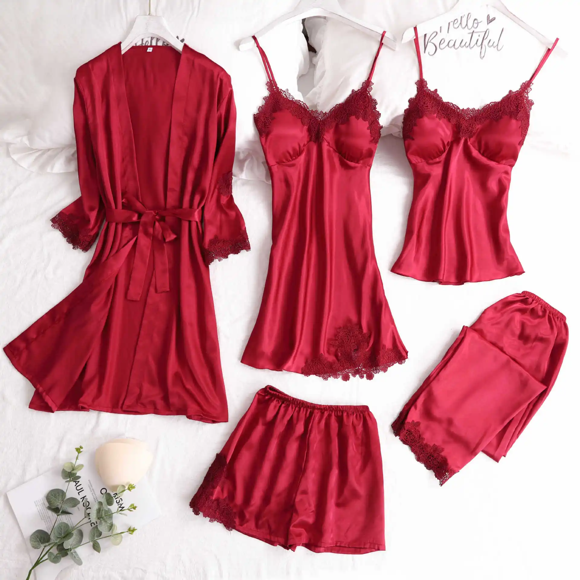 

Sleepwear Female 5PCS Pajamas Set Satin Pyjamamas Lace Patchwork Bridal Wedding Nightwear Rayon Home Wear Nighty&Robe Suit
