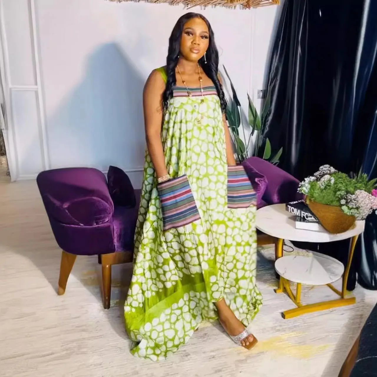 Женское длинное платье на бретелях-спагетти повседневное свободное винтажное