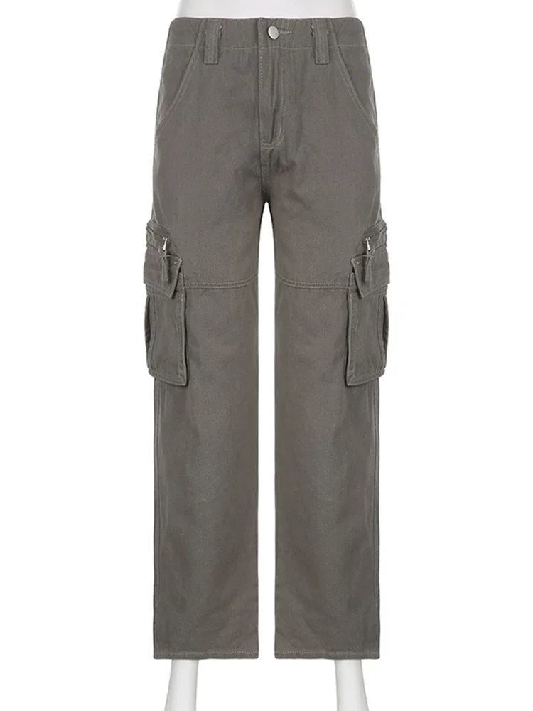 YIKUO Zip Pocket Stitching Baggy Jeans Streetwear Women Low Rise Casual Cargo Pants Denim Trousers Vintage Harajuku Mom Jean