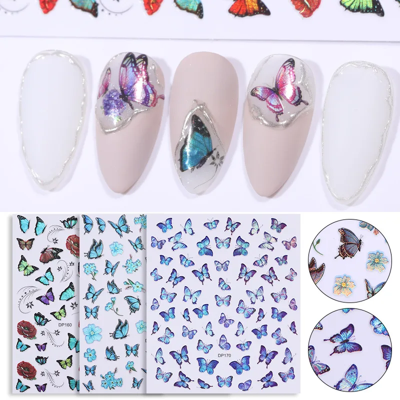 

Spring Flower 3D Purple Butterfly Nail Art Stickers Adhesive Sliders Gold Silver Butterfly Nail Transfer Decals Foils Wraps Nail