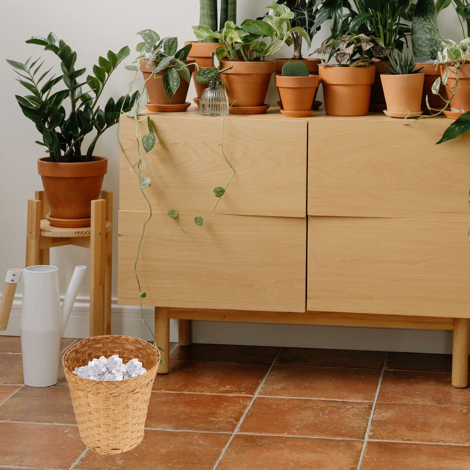 

Litter Trash Can Basket Lid Cover Waste Bins Bamboo Woven Storage Wicker Office Laundry