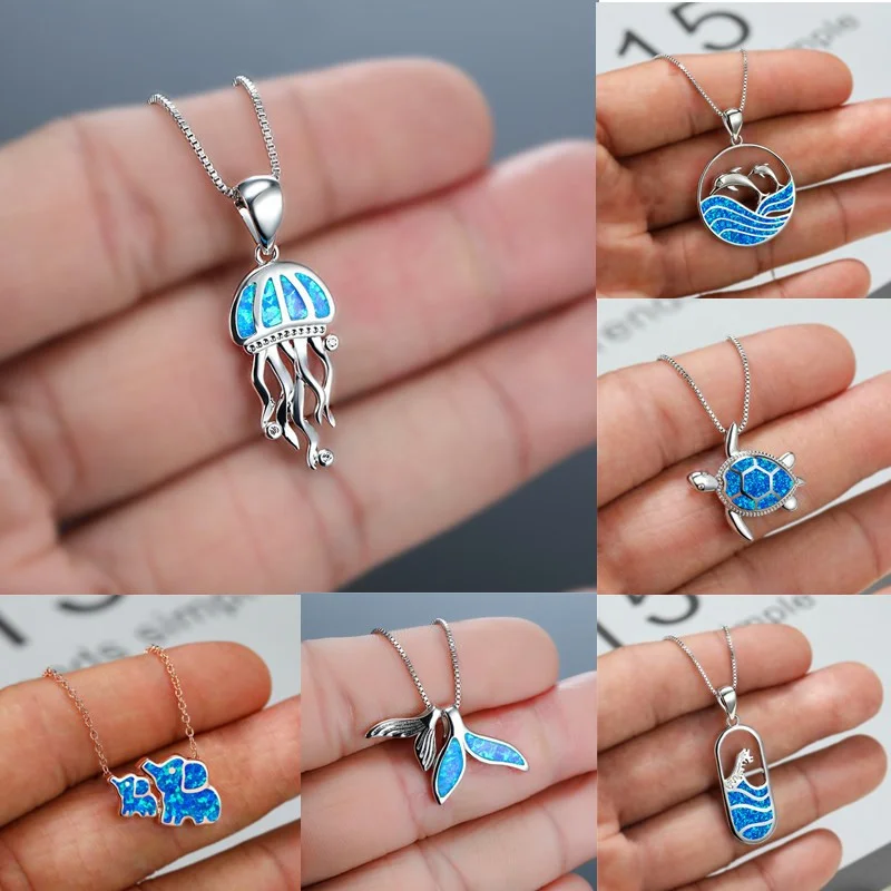 Ожерелье в богемном стиле с голубым огненным опалом и кристаллом виде замка